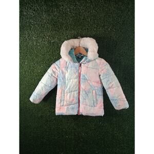 Snozu Girls Puffer Jacket Size 5 Pink Blue Heart Pattern Fleece Lined Hooded...